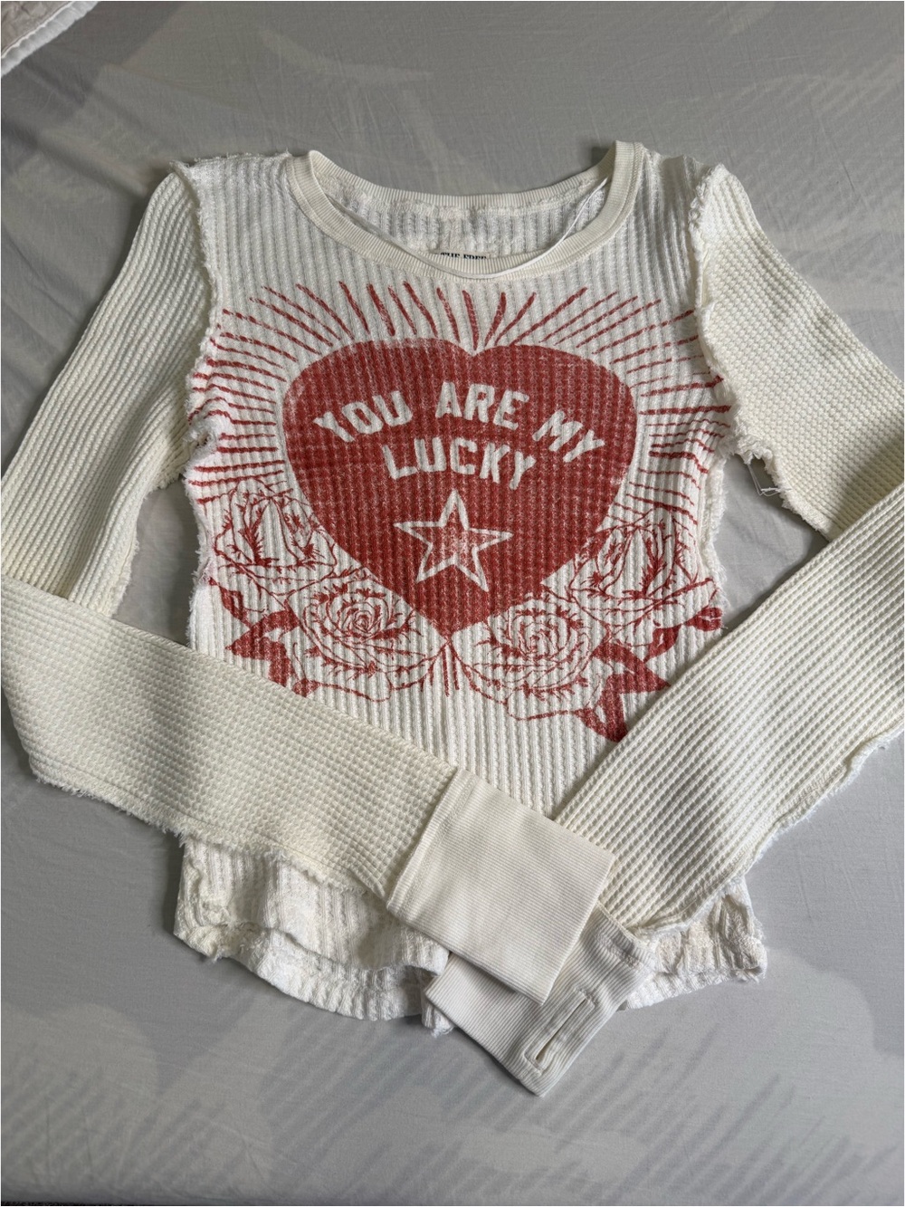Cream Waffle Knit Graphic Sweater with Red Heart Print - Picture 2 of 4